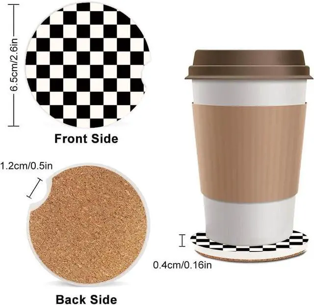Alt view image 2 of 4 - Absorbent Car Cupholder Coaster 2 Pack, Cute Car Coasters with a Finger Notch for Women & Men,2.56" Ceramic Stone & Non-Scratch Cork Base Drink Coasters (Checkerboard)