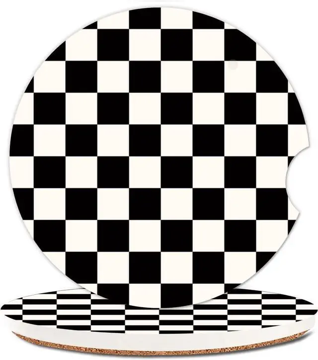 Main image of Absorbent Car Cupholder Coaster 2 Pack, Cute Car Coasters with a Finger Notch for Women & Men,2.56" Ceramic Stone & Non-Scratch Cork Base Drink Coasters (Checkerboard)