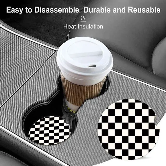 Alt view image 3 of 4 - Absorbent Car Cupholder Coaster 2 Pack, Cute Car Coasters with a Finger Notch for Women & Men,2.56" Ceramic Stone & Non-Scratch Cork Base Drink Coasters (Checkerboard)