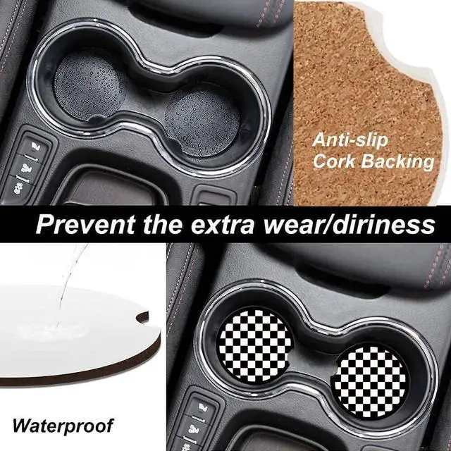 Alt view image 4 of 4 - Absorbent Car Cupholder Coaster 2 Pack, Cute Car Coasters with a Finger Notch for Women & Men,2.56" Ceramic Stone & Non-Scratch Cork Base Drink Coasters (Checkerboard)