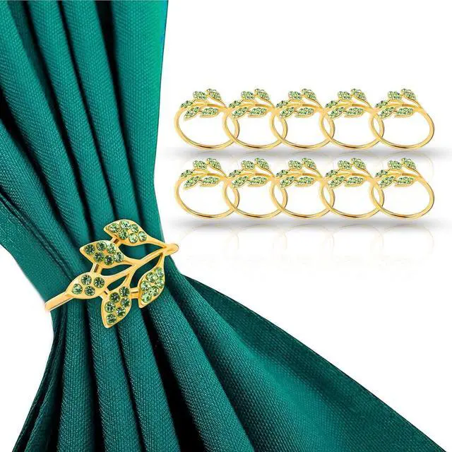 Main image of Gold Napkin Rings Set of 8, Alloy Leaf Green Diamond | Sturdy Reusable EasyClean Napkin Buckles, Fits Most Cloth Napkins, Nice Table Decor for Weddings, Parties and Daily Dining