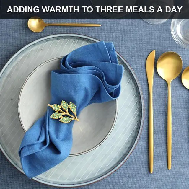 Alt view image 2 of 7 - Gold Napkin Rings Set of 8, Alloy Leaf Green Diamond | Sturdy Reusable EasyClean Napkin Buckles, Fits Most Cloth Napkins, Nice Table Decor for Weddings, Parties and Daily Dining
