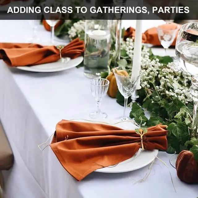 Alt view image 4 of 7 - Gold Napkin Rings Set of 8, Alloy Leaf Green Diamond | Sturdy Reusable EasyClean Napkin Buckles, Fits Most Cloth Napkins, Nice Table Decor for Weddings, Parties and Daily Dining