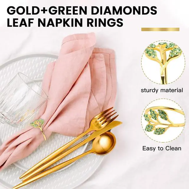 Alt view image 5 of 7 - Gold Napkin Rings Set of 8, Alloy Leaf Green Diamond | Sturdy Reusable EasyClean Napkin Buckles, Fits Most Cloth Napkins, Nice Table Decor for Weddings, Parties and Daily Dining