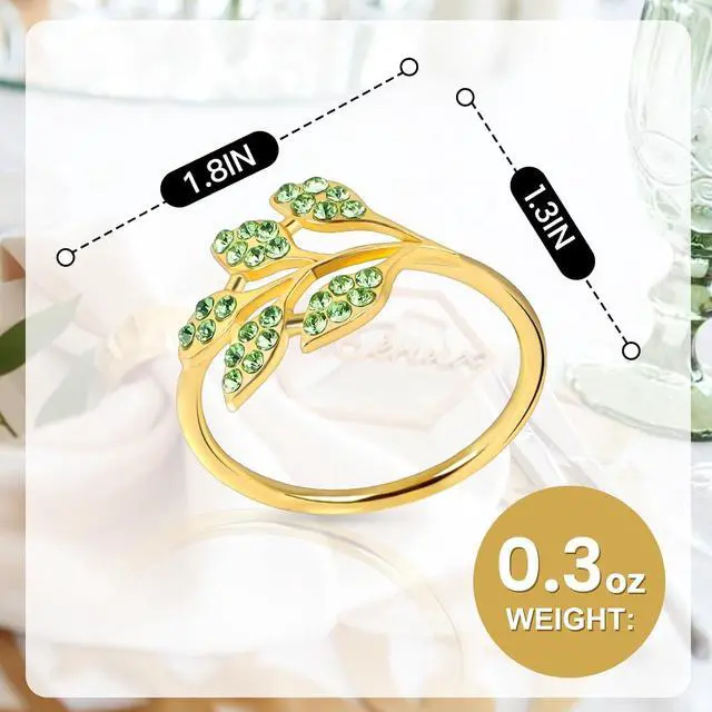 Alt view image 6 of 7 - Gold Napkin Rings Set of 8, Alloy Leaf Green Diamond | Sturdy Reusable EasyClean Napkin Buckles, Fits Most Cloth Napkins, Nice Table Decor for Weddings, Parties and Daily Dining