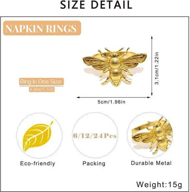 Alt view image 7 of 7 - Bee Napkin Rings Set of 6 Gold Bumblebee Napkin Holder Ring for Spring Party Wedding Baby Shower Brithday Table Setting,Insect Honeybee Napkin Ring for Rustic Farmhouse Dinner Table Decor