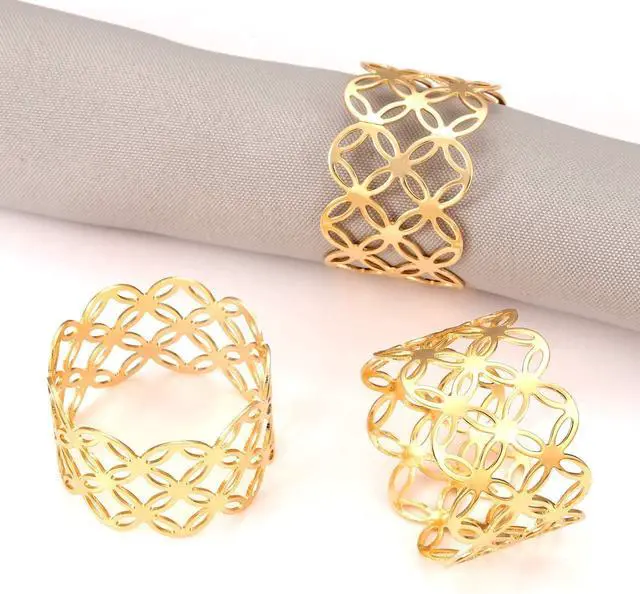 Alt view image 5 of 6 - Napkin Rings Set of 12, Gold Hallow Out Metal Napkin Holder for Holiday Party Wedding Banquet Christmas Circle Serviette Buckle Household Decor (Color 1)