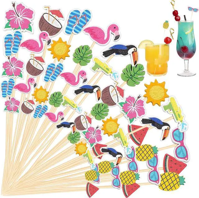 Main image of Aodaer 200 PCS Hawaiian Cocktail Picks Tropical Cocktail Bamboo Toothpicks | Fruit Sticks Flamingo Pineapple 11 Designs Appetizer Skewers for Food Drinks Hawaii Beach Holiday Party