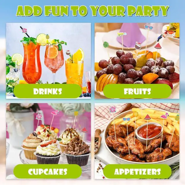 Alt view image 4 of 7 - Aodaer 200 PCS Hawaiian Cocktail Picks Tropical Cocktail Bamboo Toothpicks | Fruit Sticks Flamingo Pineapple 11 Designs Appetizer Skewers for Food Drinks Hawaii Beach Holiday Party