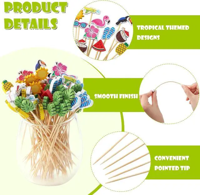 Alt view image 3 of 7 - Aodaer 200 PCS Hawaiian Cocktail Picks Tropical Cocktail Bamboo Toothpicks | Fruit Sticks Flamingo Pineapple 11 Designs Appetizer Skewers for Food Drinks Hawaii Beach Holiday Party