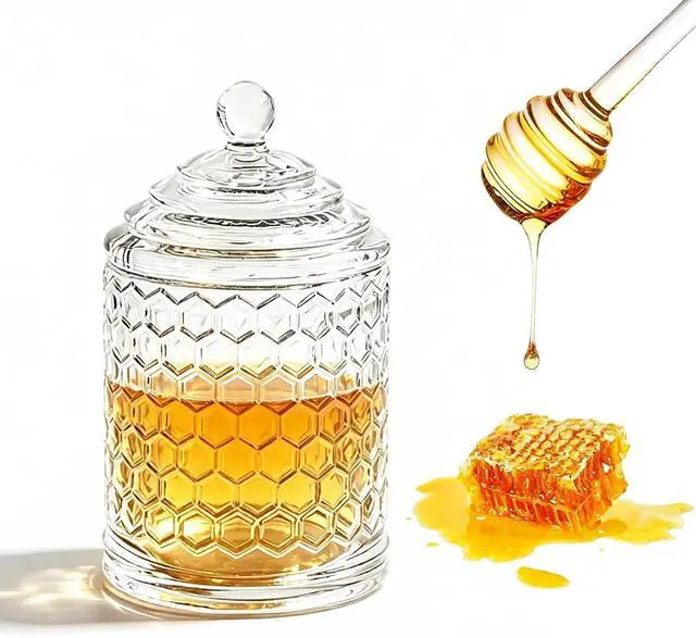 Main image of 10 Oz Glass Honey Jar, With Lid And Dipper Honeycomb Crystal Design Syrup Storage Container For Home Kitchen Use