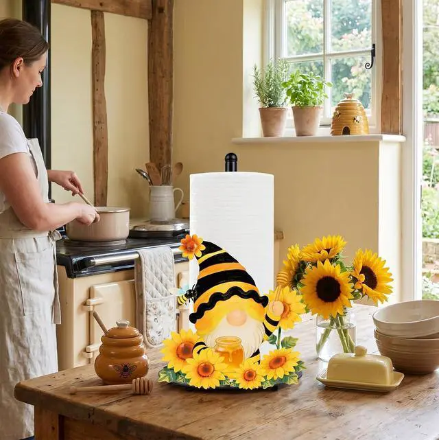 Alt view image 4 of 6 - Sunflower Gnome Paper Towel Holder, Decorative Farmhouse Standing Paper Towel Kitchen Decor Accessories, Metal Napkin Holder for Countertops Bathroom Home
