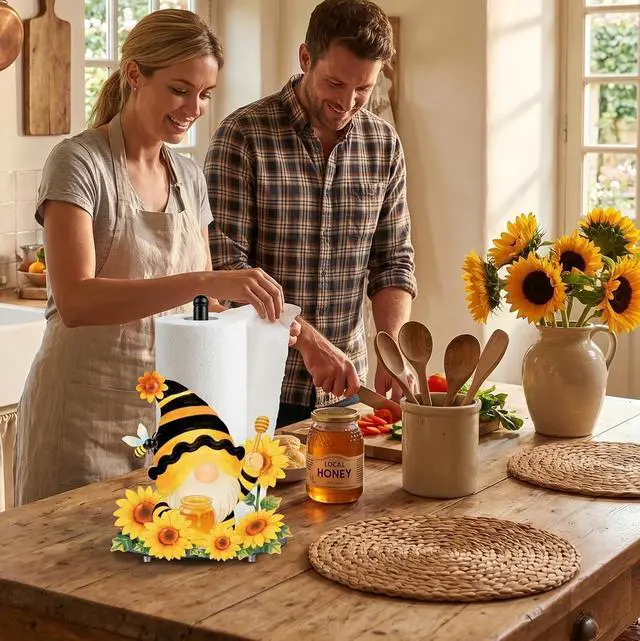 Alt view image 5 of 6 - Sunflower Gnome Paper Towel Holder, Decorative Farmhouse Standing Paper Towel Kitchen Decor Accessories, Metal Napkin Holder for Countertops Bathroom Home