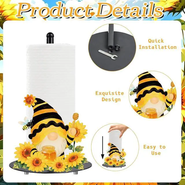 Alt view image 3 of 6 - Sunflower Gnome Paper Towel Holder, Decorative Farmhouse Standing Paper Towel Kitchen Decor Accessories, Metal Napkin Holder for Countertops Bathroom Home