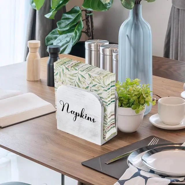Alt view image 6 of 7 - ALELION White-washed Wood Napkin Holder for Table, Wooden Upright Napkin Holders for Kitchen, Standing Napkin Dispenser for Rustic Kitchen Dining Room Party Cocktail Outdoor Decor