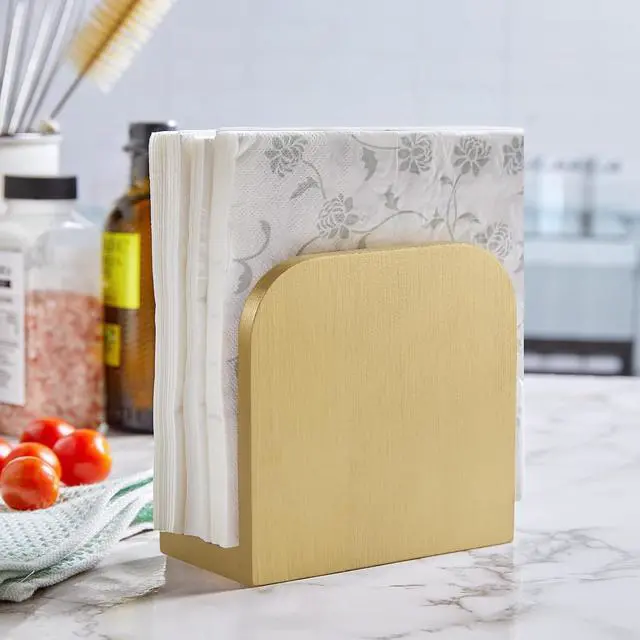 Alt view image 2 of 7 - ALELION Wooden Napkin Holder for Table, Upright Napkin Holders for Kitchen, Standing Napkin Dispenser for Kitchen Dining Room Party Cocktail Outdoor Use, Gold