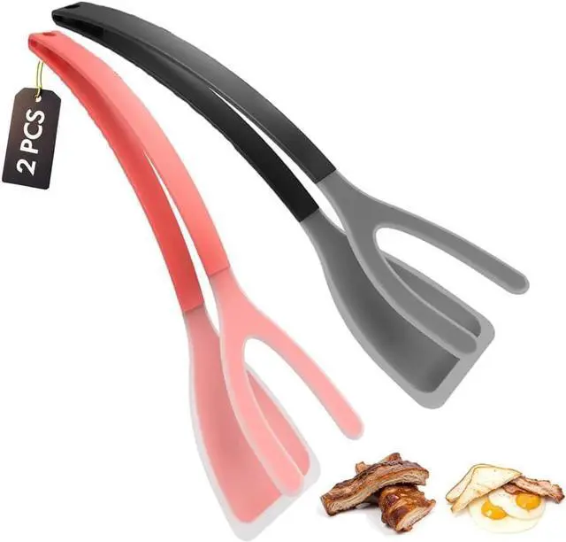 Main image of Silicone Kitchen Spatula Tong (Set of 2) Heat Resistant 2-in-1 Grip & Flip Non-Stick Cooking Tongs for Pancakes, Fish, Eggs, and More Kitchen Tool Set (Black + Red)