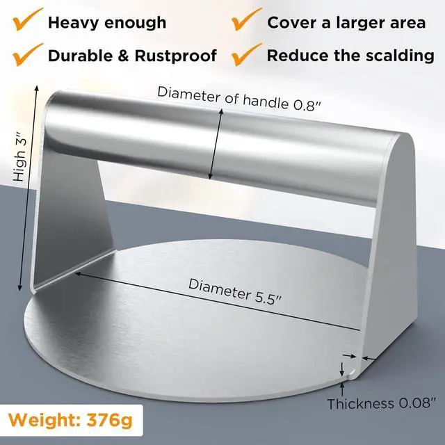 Alt view image 3 of 7 - Stainless Steel Burger Press, 5.5 Inch Round Smasher, Non-Stick Smooth Hamburger Press Flat Bottom Without Ridges, Bacon Grill Perfect for Top Griddle Cooking