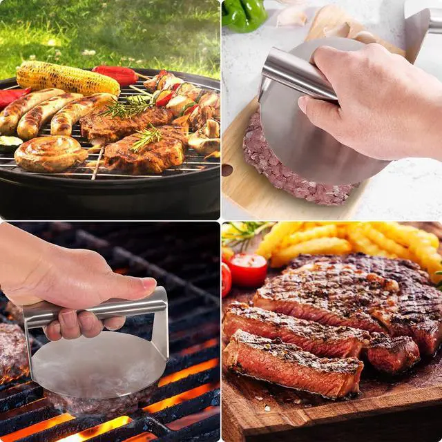 Alt view image 7 of 7 - Stainless Steel Burger Press, 5.5 Inch Round Smasher, Non-Stick Smooth Hamburger Press Flat Bottom Without Ridges, Bacon Grill Perfect for Top Griddle Cooking