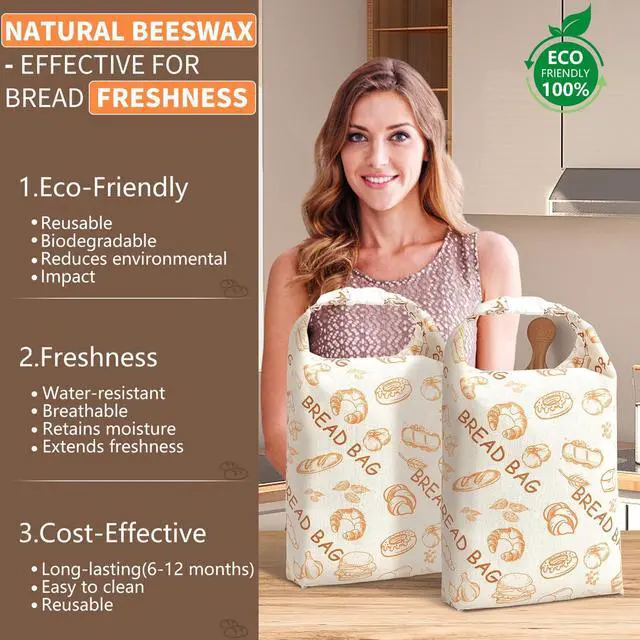 Alt view image 3 of 7 - Reusable Beeswax Bread Bags(2 Pack), Beeswax Bags for Sourdough/Homemade Bread, Natural Cotton Bees Wax Bag, Fresh and Refrigerable, New Upgrade Food Storage Bag, Large Capacity and Portable