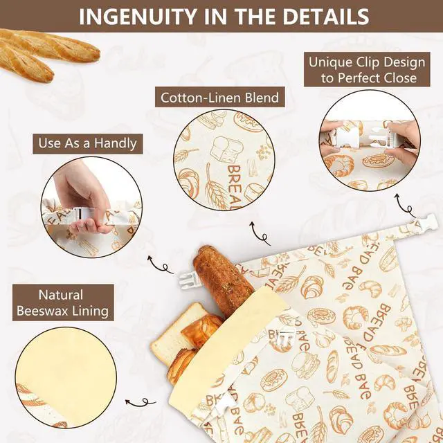 Alt view image 5 of 7 - Reusable Beeswax Bread Bags(2 Pack), Beeswax Bags for Sourdough/Homemade Bread, Natural Cotton Bees Wax Bag, Fresh and Refrigerable, New Upgrade Food Storage Bag, Large Capacity and Portable