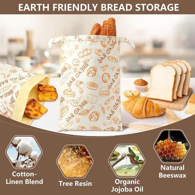 Alt view image 4 of 7 - Reusable Beeswax Bread Bags(2 Pack), Beeswax Bags for Sourdough/Homemade Bread, Natural Cotton Bees Wax Bag, Fresh and Refrigerable, New Upgrade Food Storage Bag, Large Capacity and Portable