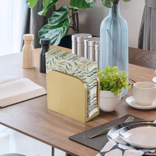 Alt view image 7 of 7 - ALELION Wooden Napkin Holder for Table, Upright Napkin Holders for Kitchen, Standing Napkin Dispenser for Kitchen Dining Room Party Cocktail Outdoor Use, Gold