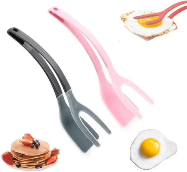Alt view image 3 of 7 - Silicone Kitchen Spatula Tong (Set of 2) Heat Resistant 2-in-1 Grip & Flip Non-Stick Cooking Tongs for Pancakes, Fish, Eggs, and More Kitchen Tool Set (Black + Red)
