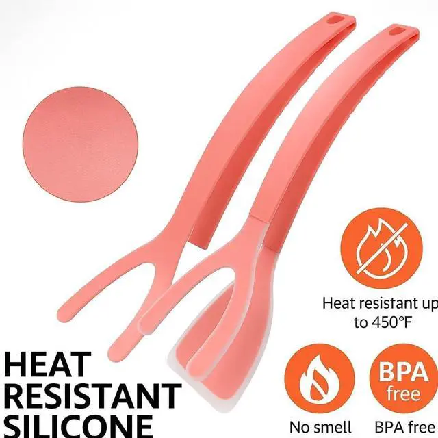 Alt view image 4 of 7 - Silicone Kitchen Spatula Tong (Set of 2) Heat Resistant 2-in-1 Grip & Flip Non-Stick Cooking Tongs for Pancakes, Fish, Eggs, and More Kitchen Tool Set (Black + Red)