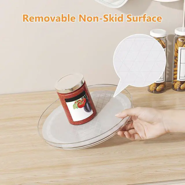 Alt view image 3 of 7 - 2 Pack Lazy Susan Turntable Organizer with Non-Slip Mat, 9 Inch, Clear | 360 Rotating, Easy Clean, Spice Rack for Kitchen Counter, Pantry Cabinet, Fridge, Spinning Tray for Bathroom, Makeup Vanity