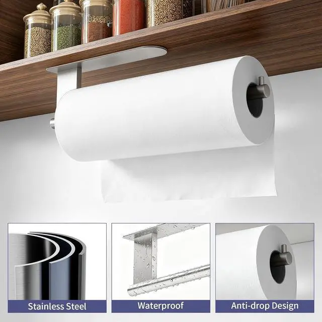 Alt view image 7 of 7 - Jesginboo Paper Towel Holder Under Cabinet, Self Adhesive, Brushed Nickel | Self Adhesive Paper Towel Holder No Drill, Stainless Steel Paper Towel Rack, Papertowel Roll Holder for Kitchen Bathroom