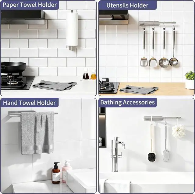 Alt view image 5 of 7 - Jesginboo Paper Towel Holder Under Cabinet, Self Adhesive, Brushed Nickel | Self Adhesive Paper Towel Holder No Drill, Stainless Steel Paper Towel Rack, Papertowel Roll Holder for Kitchen Bathroom