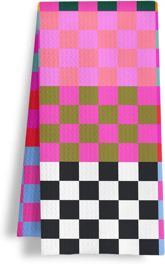 Main image of Preppy Checkered Kitchen Towels, Vibrant Funky Checkered Dish Tea Towels, Retro Trendy Plaid Checkerboard Decorative Hand Towel for Bathroom Kitchen Spa Gym, 16x24 Inch