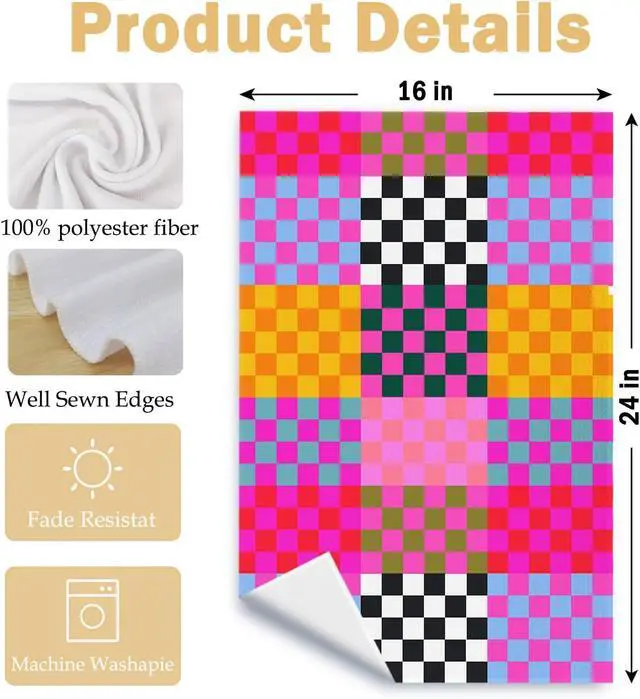 Alt view image 6 of 6 - Preppy Checkered Kitchen Towels, Vibrant Funky Checkered Dish Tea Towels, Retro Trendy Plaid Checkerboard Decorative Hand Towel for Bathroom Kitchen Spa Gym, 16x24 Inch