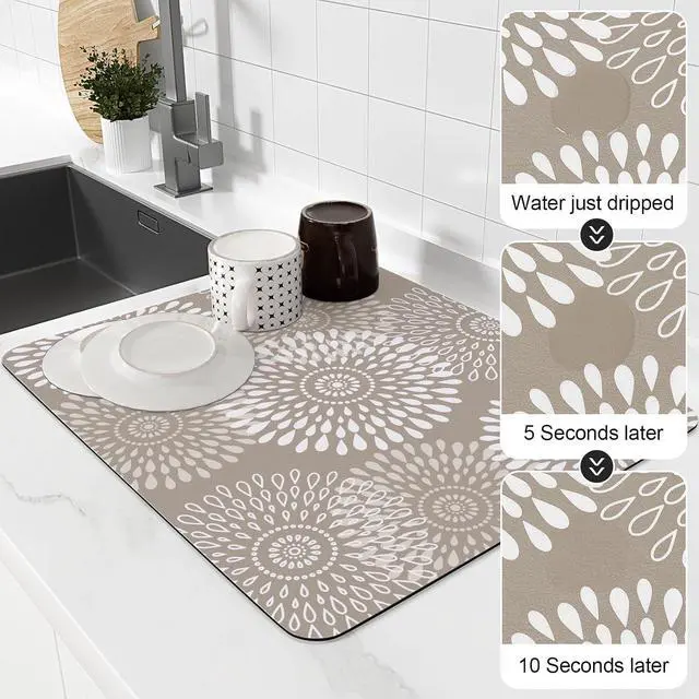 Alt view image 4 of 7 - Dish Drying Mat Absorbent Kitchen Counter Mat Rubber Backing Draining Mat | Easy to Clean Kitchen Accessories Dish Rack Pad for Dishes, Utensils, Countertops, Sinks 15" x 18" Khaki
