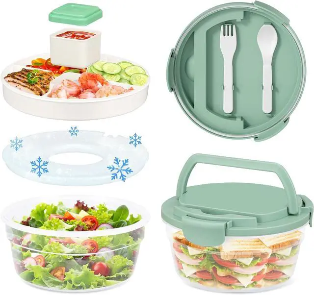 Main image of Salad Container for Lunch, Bento Lunch Box 58-oz with 4 Compartments Tray and Ice Pack, Leak-Proof Salad Bowl with Lid for Adults, BPA-Free Lunch Box for Meal Prep & Food Storage(Green)