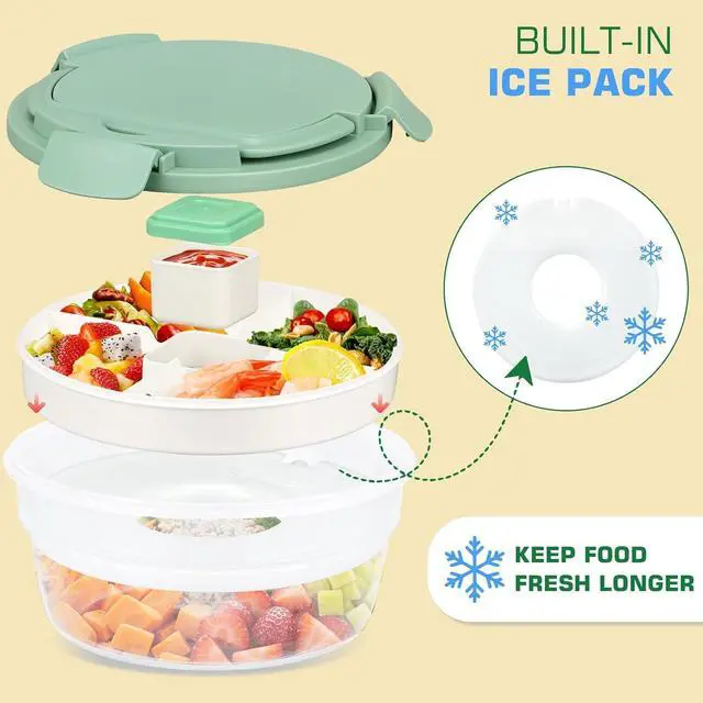 Alt view image 2 of 7 - Salad Container for Lunch, Bento Lunch Box 58-oz with 4 Compartments Tray and Ice Pack, Leak-Proof Salad Bowl with Lid for Adults, BPA-Free Lunch Box for Meal Prep & Food Storage(Green)