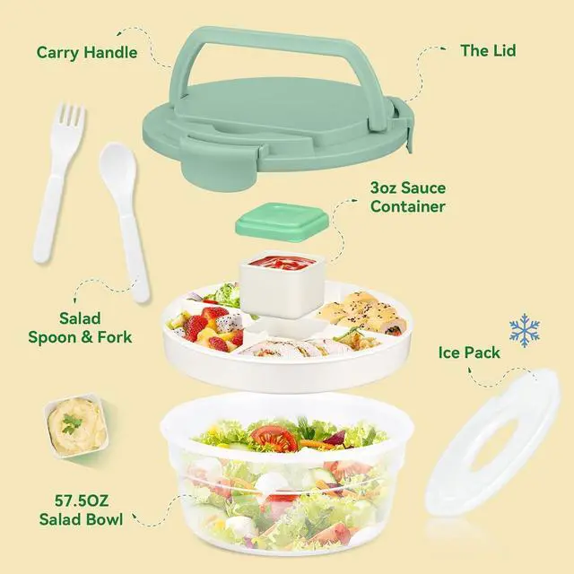 Alt view image 3 of 7 - Salad Container for Lunch, Bento Lunch Box 58-oz with 4 Compartments Tray and Ice Pack, Leak-Proof Salad Bowl with Lid for Adults, BPA-Free Lunch Box for Meal Prep & Food Storage(Green)