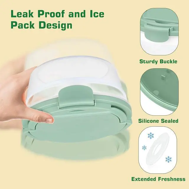 Alt view image 4 of 7 - Salad Container for Lunch, Bento Lunch Box 58-oz with 4 Compartments Tray and Ice Pack, Leak-Proof Salad Bowl with Lid for Adults, BPA-Free Lunch Box for Meal Prep & Food Storage(Green)