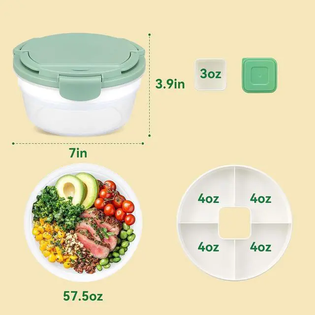 Alt view image 5 of 7 - Salad Container for Lunch, Bento Lunch Box 58-oz with 4 Compartments Tray and Ice Pack, Leak-Proof Salad Bowl with Lid for Adults, BPA-Free Lunch Box for Meal Prep & Food Storage(Green)