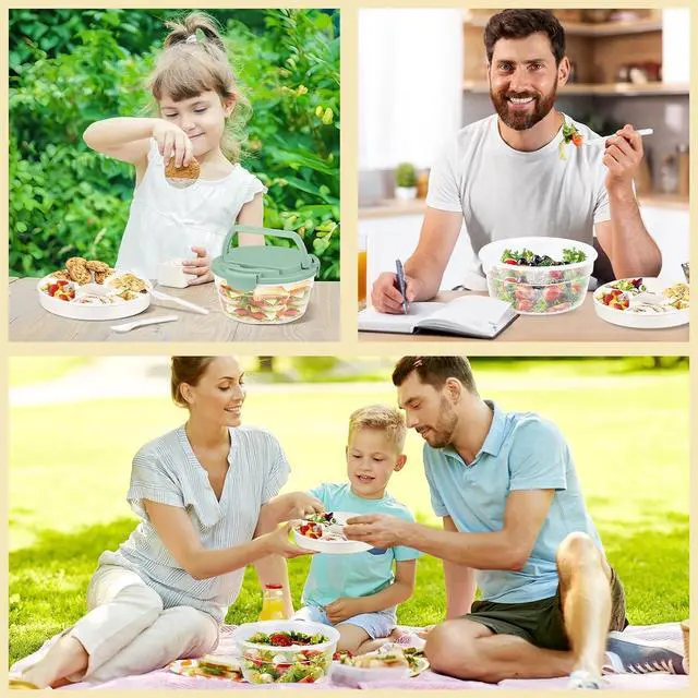 Alt view image 7 of 7 - Salad Container for Lunch, Bento Lunch Box 58-oz with 4 Compartments Tray and Ice Pack, Leak-Proof Salad Bowl with Lid for Adults, BPA-Free Lunch Box for Meal Prep & Food Storage(Green)