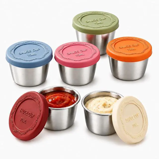 Main image of 2.4 oz Stainless Steel Dressing Containers with Silicone Lids Set of 6 - Leakproof Reusable Condiment Containers Small Sauce Cups for Lunch Boxes Picnics Travel Office Meal Prep