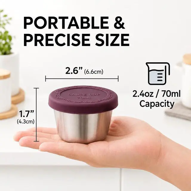 Alt view image 2 of 7 - 2.4 oz Stainless Steel Dressing Containers with Silicone Lids Set of 6 - Leakproof Reusable Condiment Containers Small Sauce Cups for Lunch Boxes Picnics Travel Office Meal Prep