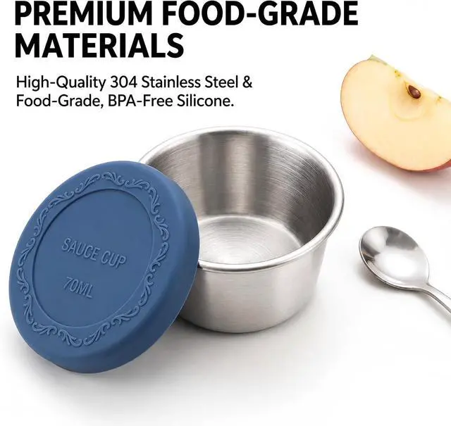 Alt view image 5 of 7 - 2.4 oz Stainless Steel Dressing Containers with Silicone Lids Set of 6 - Leakproof Reusable Condiment Containers Small Sauce Cups for Lunch Boxes Picnics Travel Office Meal Prep