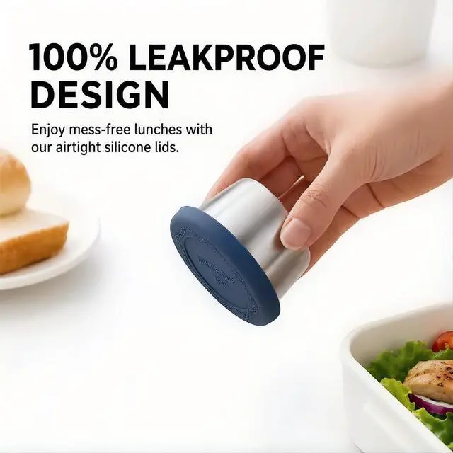 Alt view image 4 of 7 - 2.4 oz Stainless Steel Dressing Containers with Silicone Lids Set of 6 - Leakproof Reusable Condiment Containers Small Sauce Cups for Lunch Boxes Picnics Travel Office Meal Prep