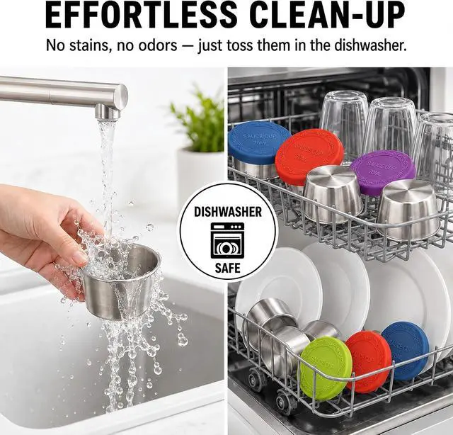 Alt view image 7 of 7 - 2.4 oz Stainless Steel Dressing Containers with Silicone Lids Set of 6 - Leakproof Reusable Condiment Containers Small Sauce Cups for Lunch Boxes Picnics Travel Office Meal Prep