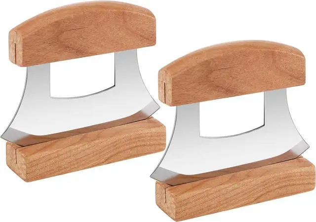 Main image of Hanaive 2 Pack 4 x 5 Inch Mezzaluna Ulu Knife Salad Veggies Rocker Chopper Slicer Cutter Mezzaluna Knife with Wooden Display Stand for Kitchen Cutting Chopping Knives Chef Cleaver Arthritic Tool