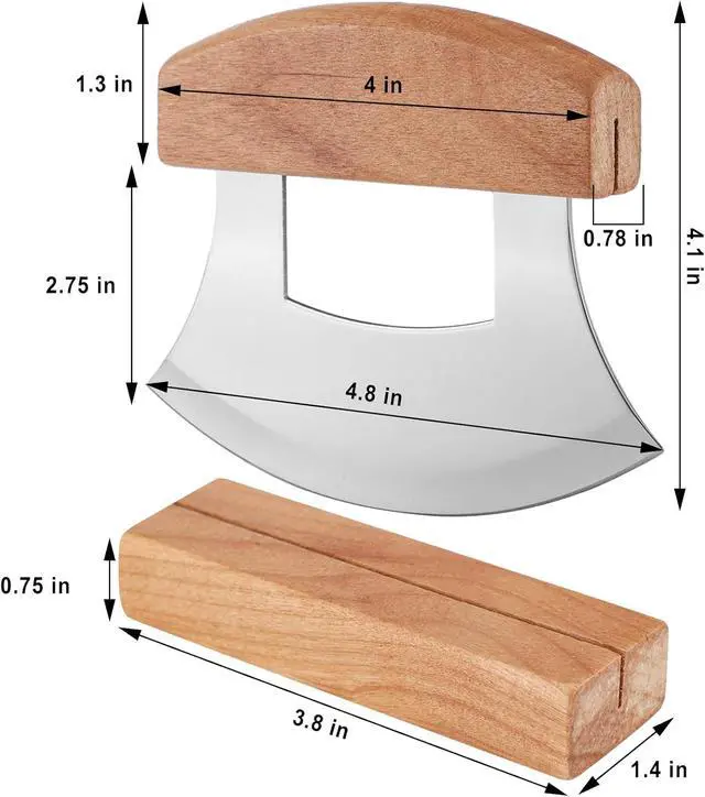 Alt view image 2 of 5 - Hanaive 2 Pack 4 x 5 Inch Mezzaluna Ulu Knife Salad Veggies Rocker Chopper Slicer Cutter Mezzaluna Knife with Wooden Display Stand for Kitchen Cutting Chopping Knives Chef Cleaver Arthritic Tool