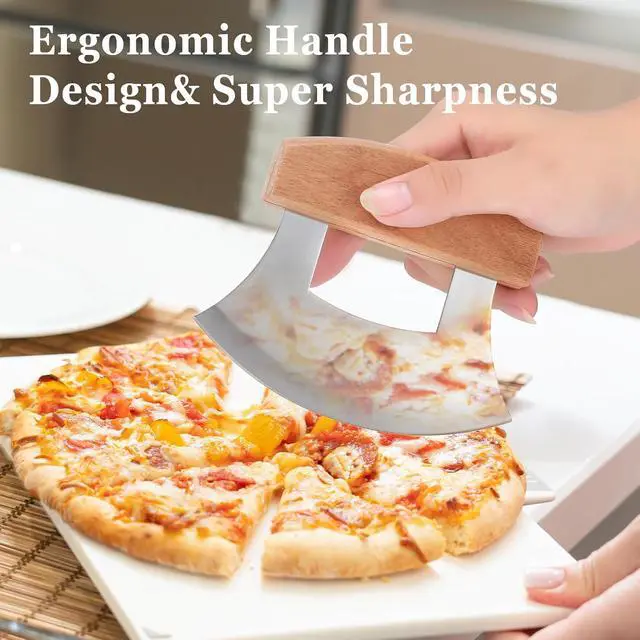 Alt view image 4 of 5 - Hanaive 2 Pack 4 x 5 Inch Mezzaluna Ulu Knife Salad Veggies Rocker Chopper Slicer Cutter Mezzaluna Knife with Wooden Display Stand for Kitchen Cutting Chopping Knives Chef Cleaver Arthritic Tool