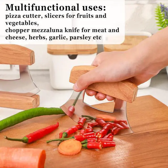 Alt view image 3 of 5 - Hanaive 2 Pack 4 x 5 Inch Mezzaluna Ulu Knife Salad Veggies Rocker Chopper Slicer Cutter Mezzaluna Knife with Wooden Display Stand for Kitchen Cutting Chopping Knives Chef Cleaver Arthritic Tool